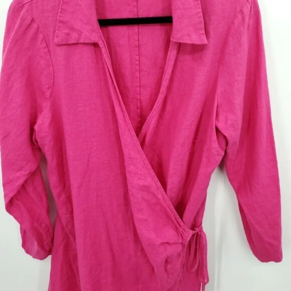 Mango 100% Linen Fuchsia/Barbie Pink Collared Wrap Dress 12